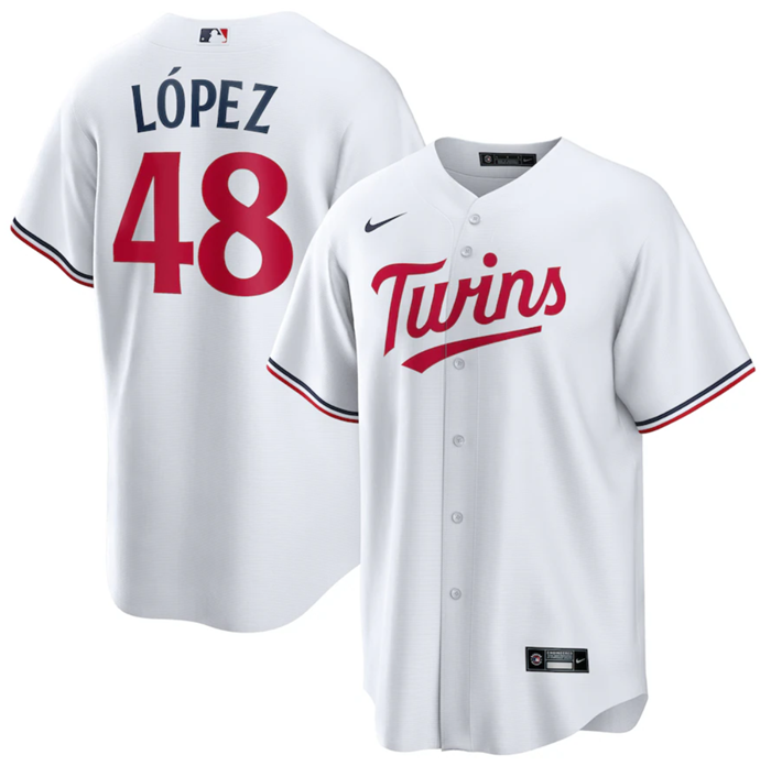 Men's Minnesota Twins #48 Jorge L??pez White Cool Base Stitched Jersey